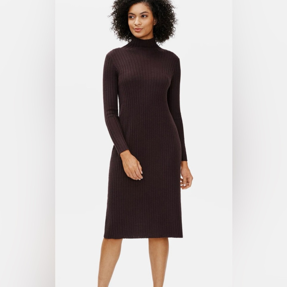 Eileen Fisher black rib knit dress extra fine merino wool Size M Medium